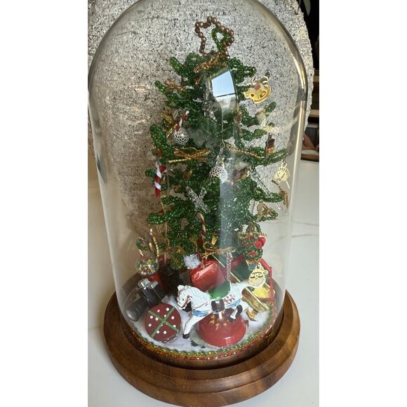 Vintage Westrim Beaded Christmas Tree Tiny Ornaments Wood Base Glass Dome 6 Inch - Picture 1 of 12